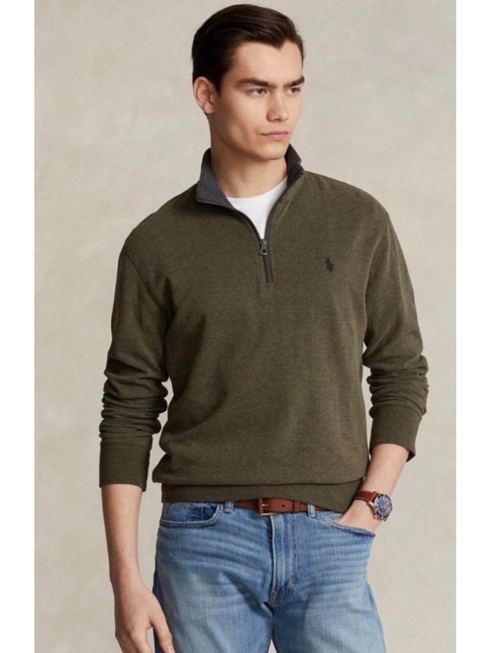 Ralph Lauren Mesh Knit Cotton Quarter Zip Sweater Mens Small Olive Green Perppy - Picture 2 of 14